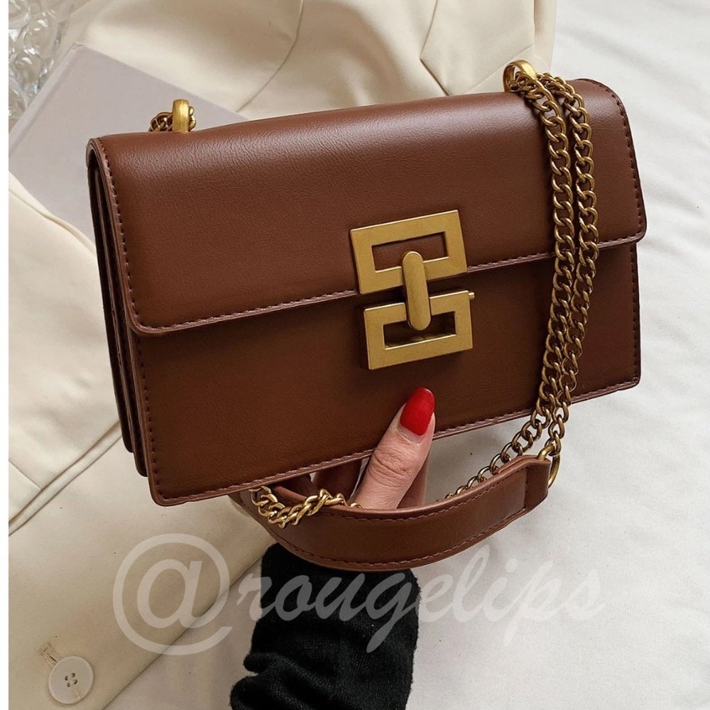 Brown PU Faux Leather Shoulder Bag Yellow Gold Tone Buckle Flap Chain Strap